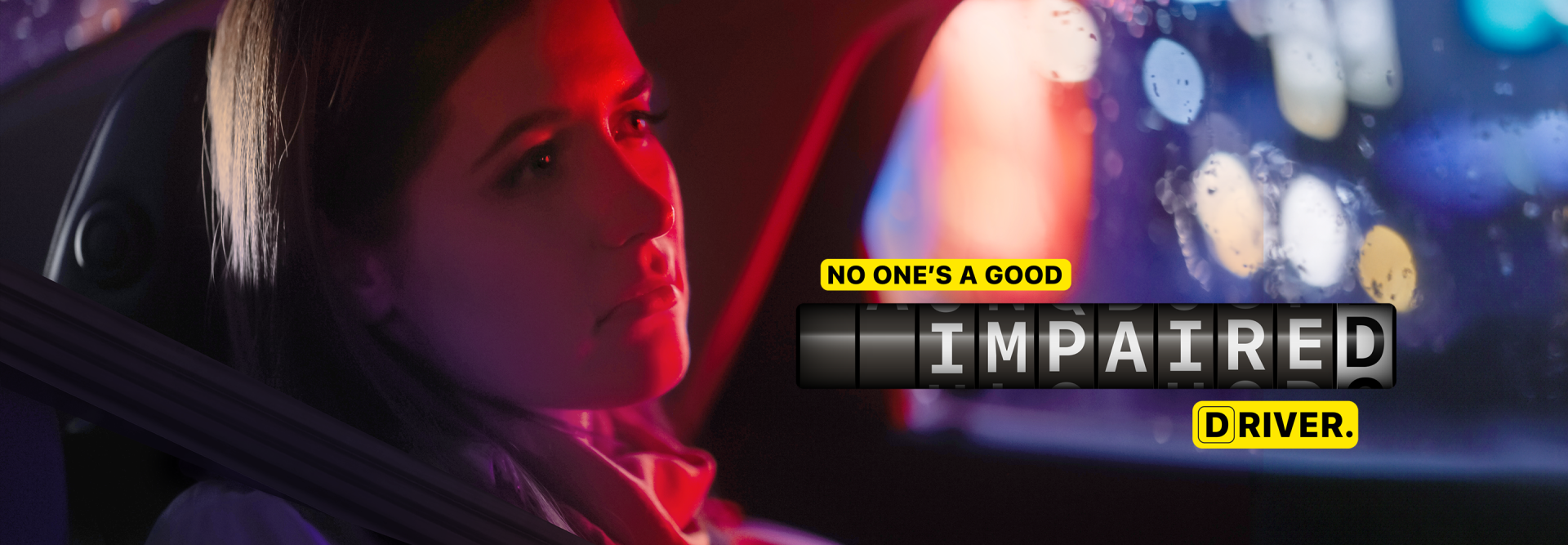 Photo of woman appearing sad presumably in the back seat of a police vehicle with red and blue lights in the background. Image says "No one's a good impaired driver."