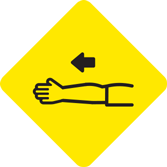 Icon showing arm out with arm out at 180 degrees and left-pointing arrow next to it indicating that this is the hand signal for turning left