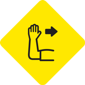 Icon showing arm out with forearm facing up at a 90-degree angle and right-pointing arrow next to it indicating that this is the hand signal for turning right