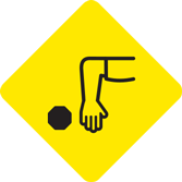 Icon showing arm out with forearm facing down at a 90-degree angle and stop sign shape next to it indicating that this is the hand signal for stopping