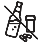 Icon with alcohol bottle and pills with a cross through them